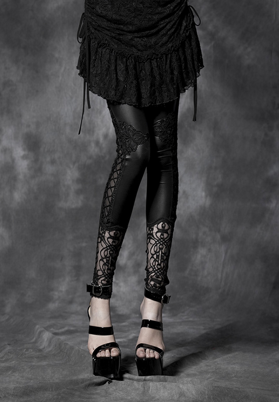 Leggings Gothique Punk Rave Noir Orné De Broderies Et De Dentelle 5433