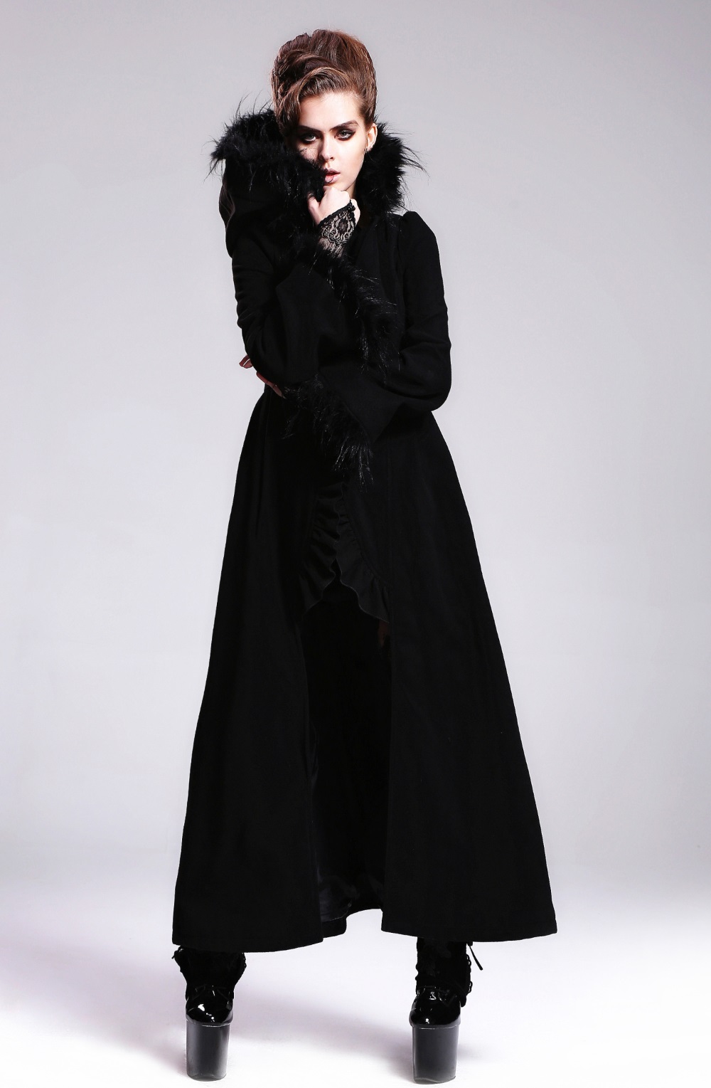 Manteau long noir à capuche amovible Tela - Manteaux Femme