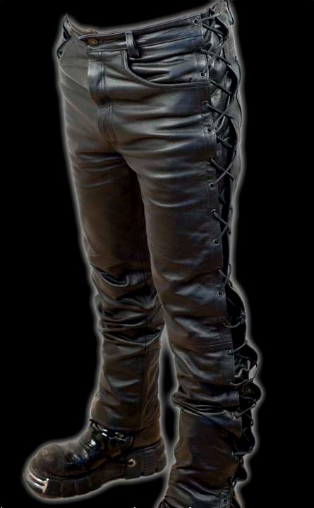 Pantalon cuir noir homme coupe classique avec lacets sur les côtés
